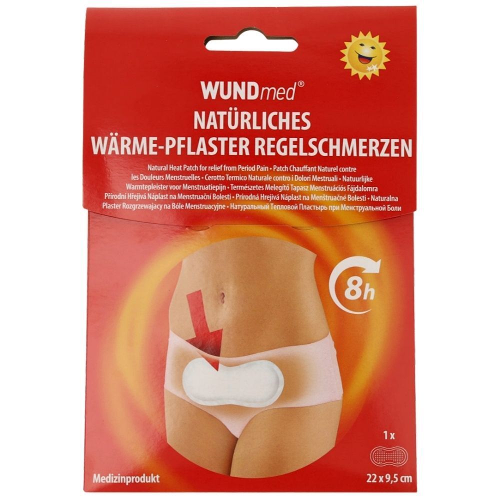 Verpackung eines natürlichen Wärme-Pflasters zur Linderung von Regelschmerzen, 22 x 9,5 cm.