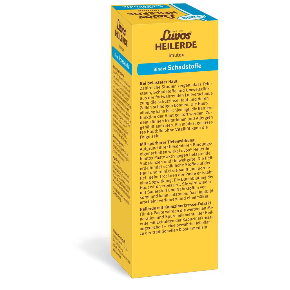 Gelbe Schachtel, Rückseite. Text: Luvos Heilerde imutox, Bindet Schadstoffe. Beschreibung der Inhaltsstoffe und Anwendung.
