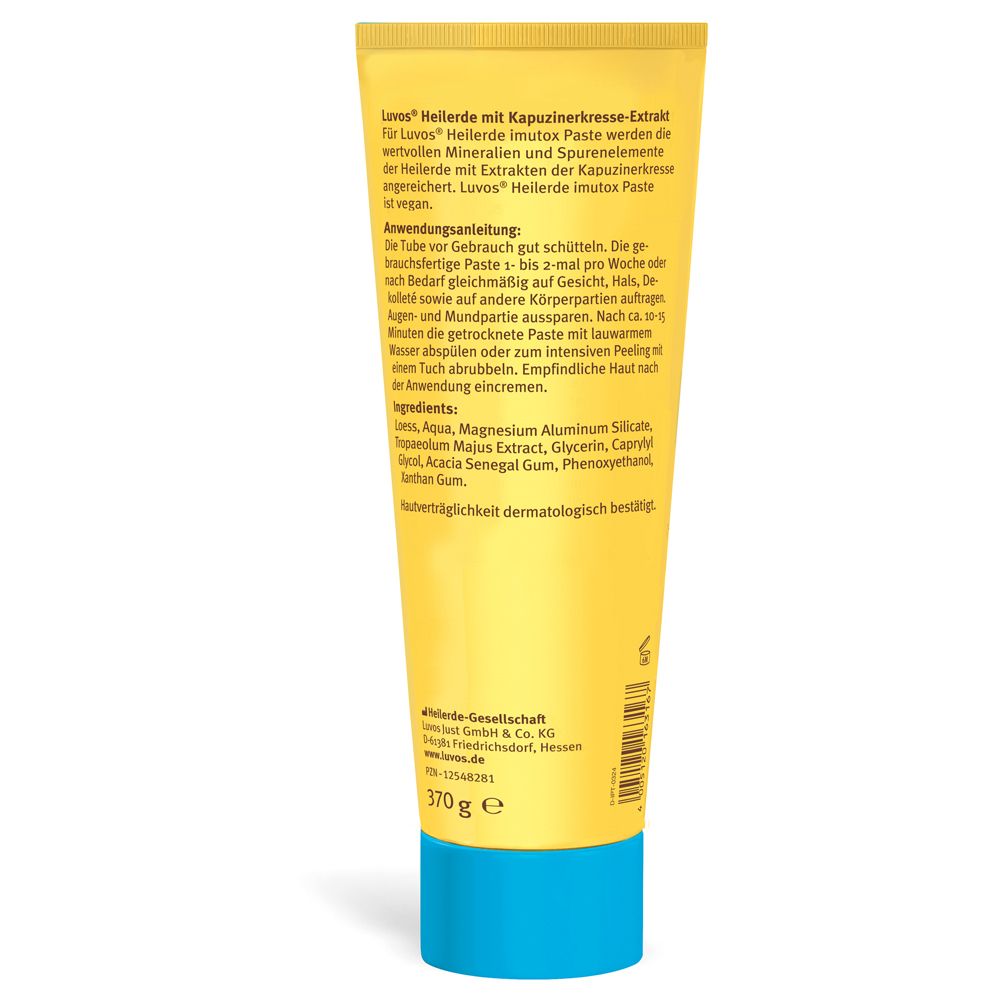 Gelbe Tube, Rückseite. Text: Luvos Heilerde imutox, Inhaltsstoffe, Anwendungshinweise. Dermatologisch bestätigt.