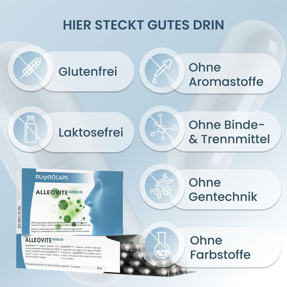 Packung mit 60 Kapseln, Vorderseite mit Profil eines weiblichen Gesichts und grünen Viren.