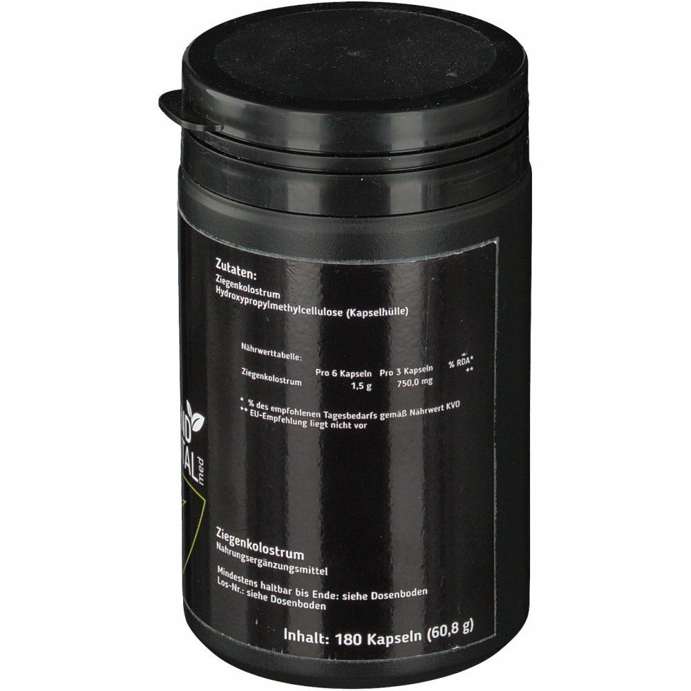 Schwarze Dose mit schwarzem Deckel. Aufschrift: Ziegenkolostrum. Zutatenliste. Inhalt: 180 Kapseln (60,8 g).