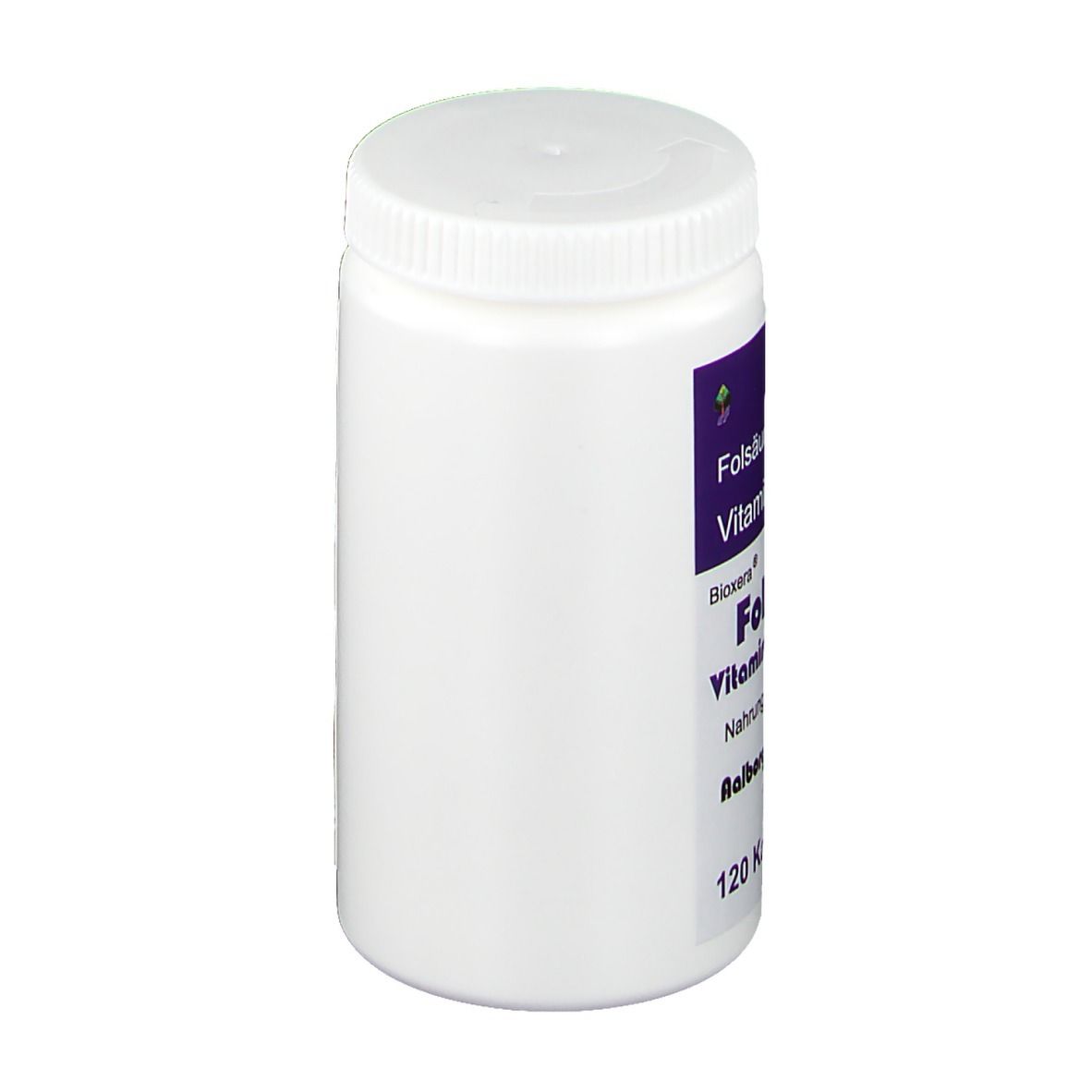 Weiße Flasche mit Schraubverschluss. Aufkleber mit Produktinformationen. Seitenansicht.