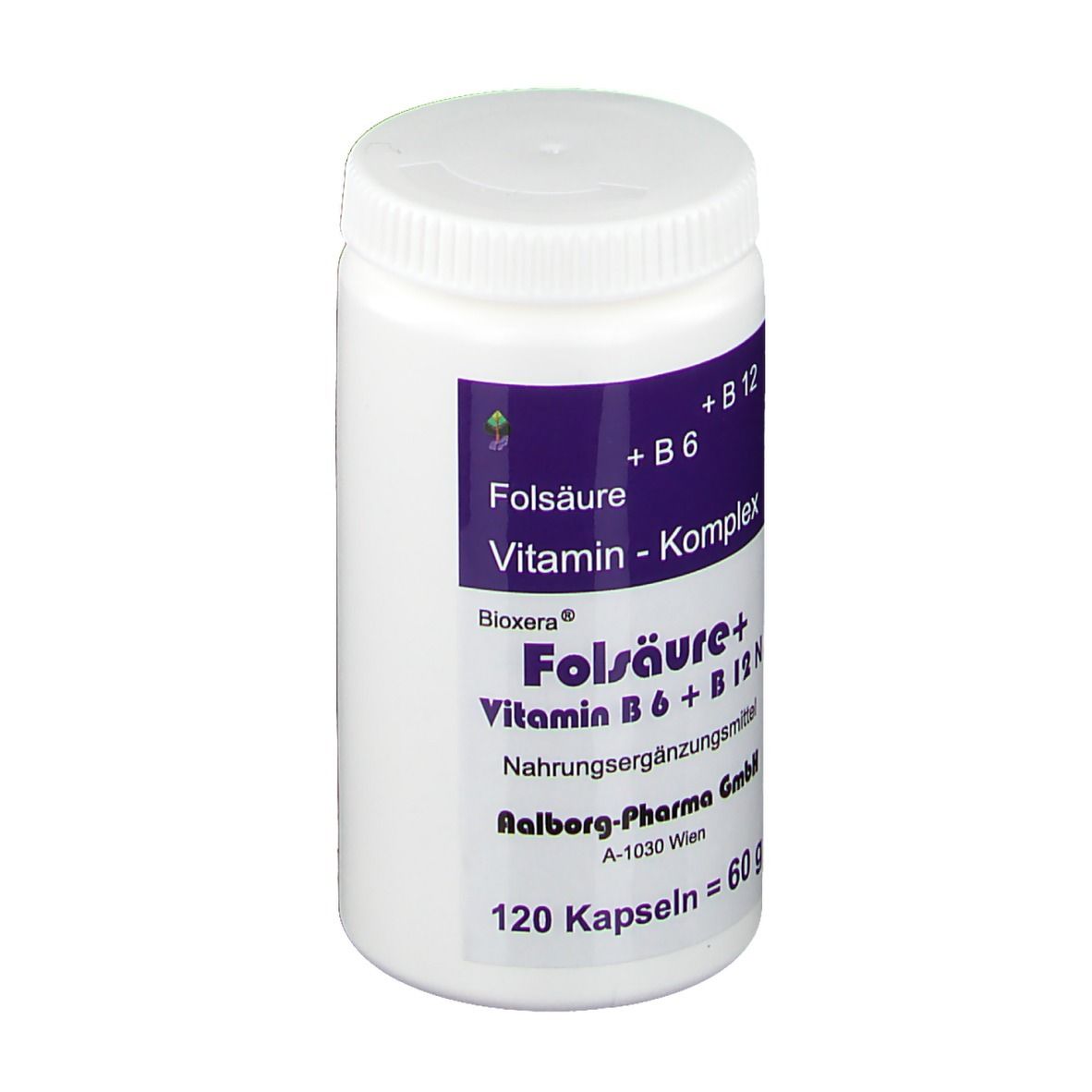 Weiße Flasche mit Schraubverschluss. Aufkleber mit Produktinformationen: Folsäure + Vitamin B6 + B12 N. 120 Kapseln.