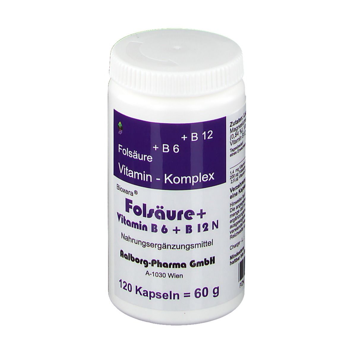 Weiße Flasche mit Schraubverschluss. Aufkleber mit Produktinformationen. 120 Kapseln. Nahaufnahme.