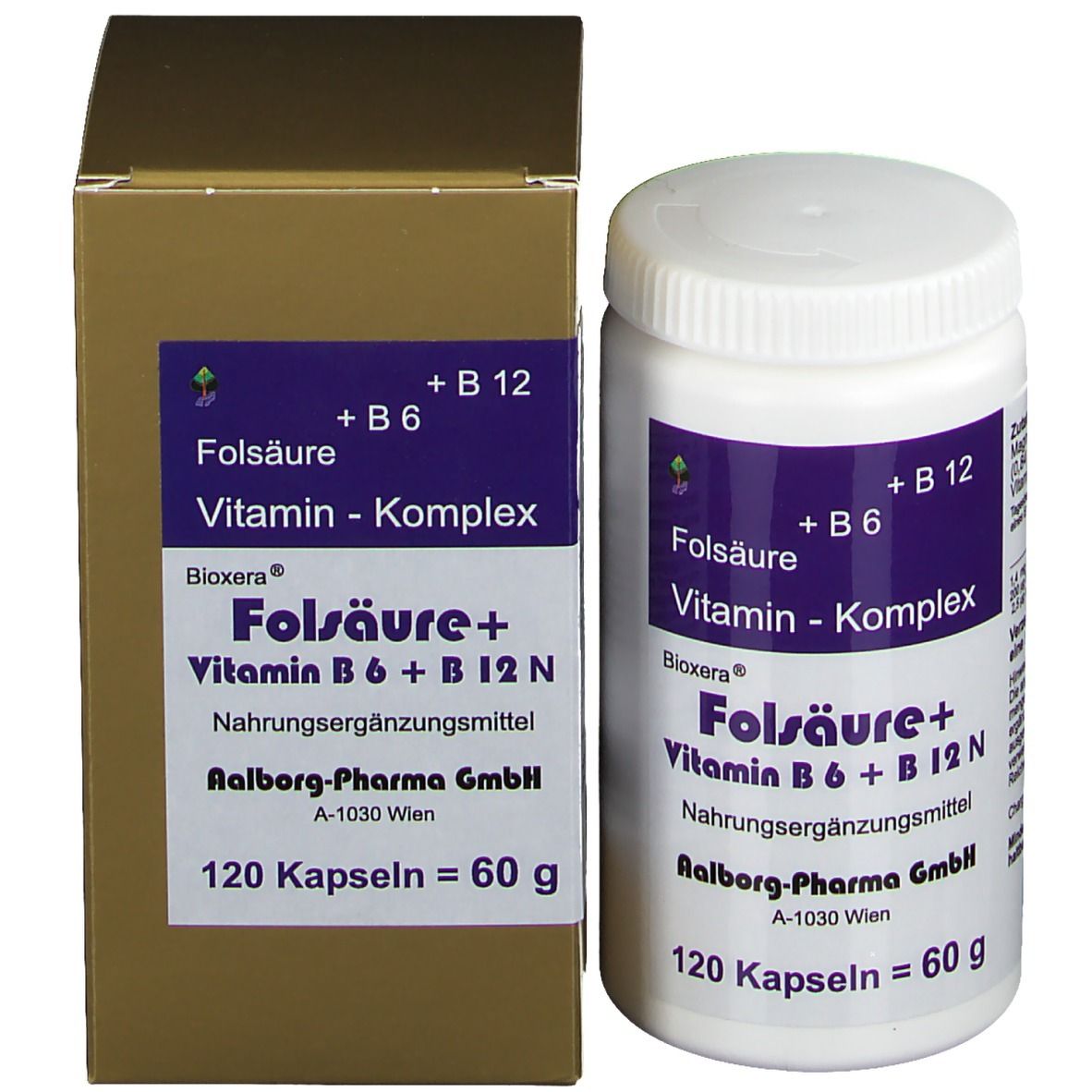 Weiße Flasche und goldfarbene Schachtel. Aufkleber mit Produktinformationen: Folsäure + Vitamin B6 + B12 N. 120 Kapseln.