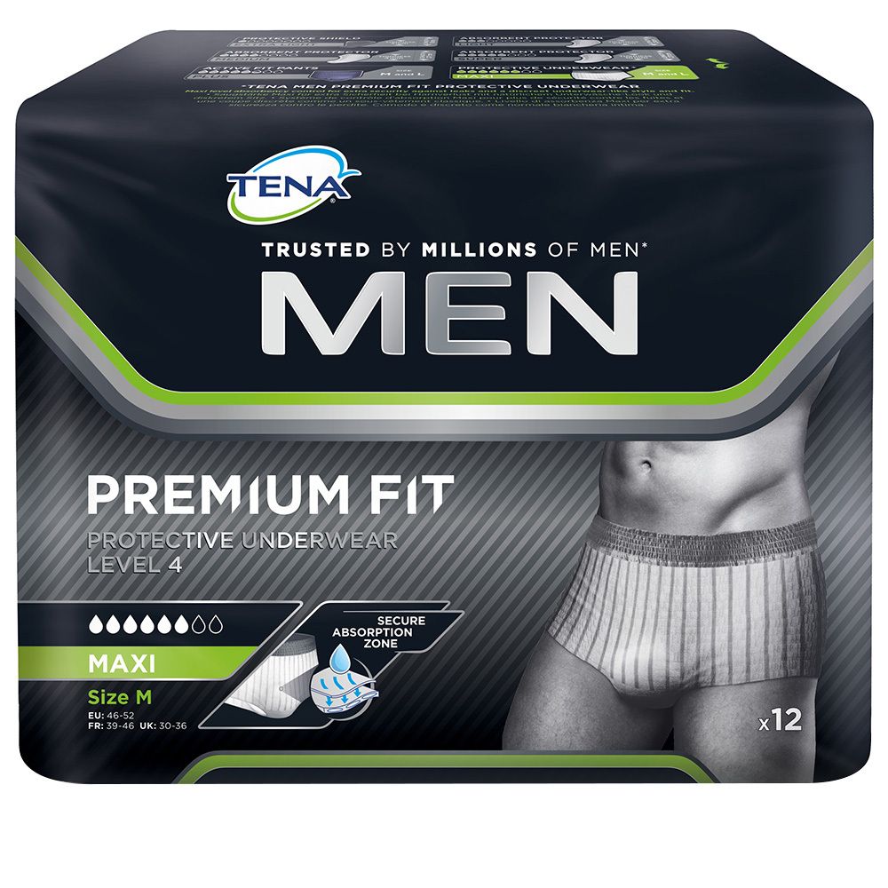 Verpackung TENA MEN Premium Fit Protective Underwear Level 4 M. Schwarze Verpackung mit Produktabbildung und Produktinformationen.