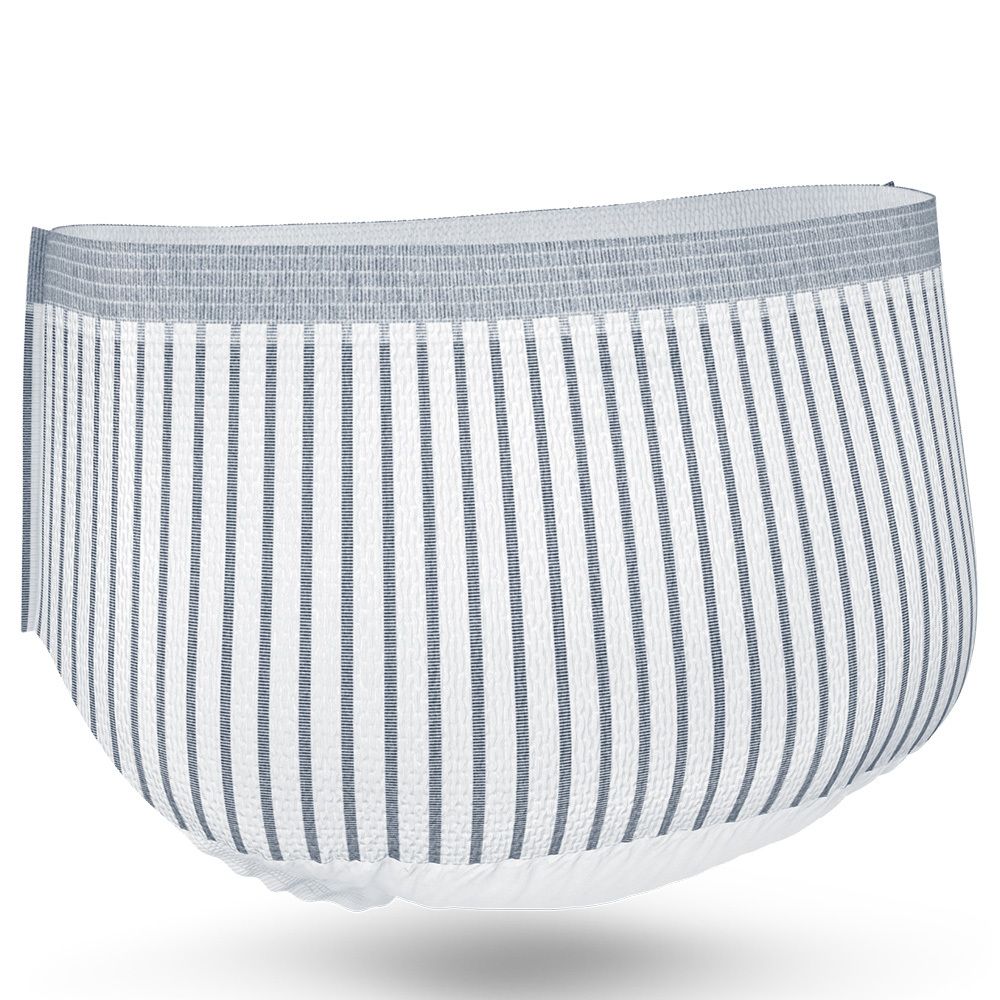 Schutzunterhose mit vertikalen Streifen. Grauer Bund, weißes Material mit blauen Streifen. Seitenansicht.