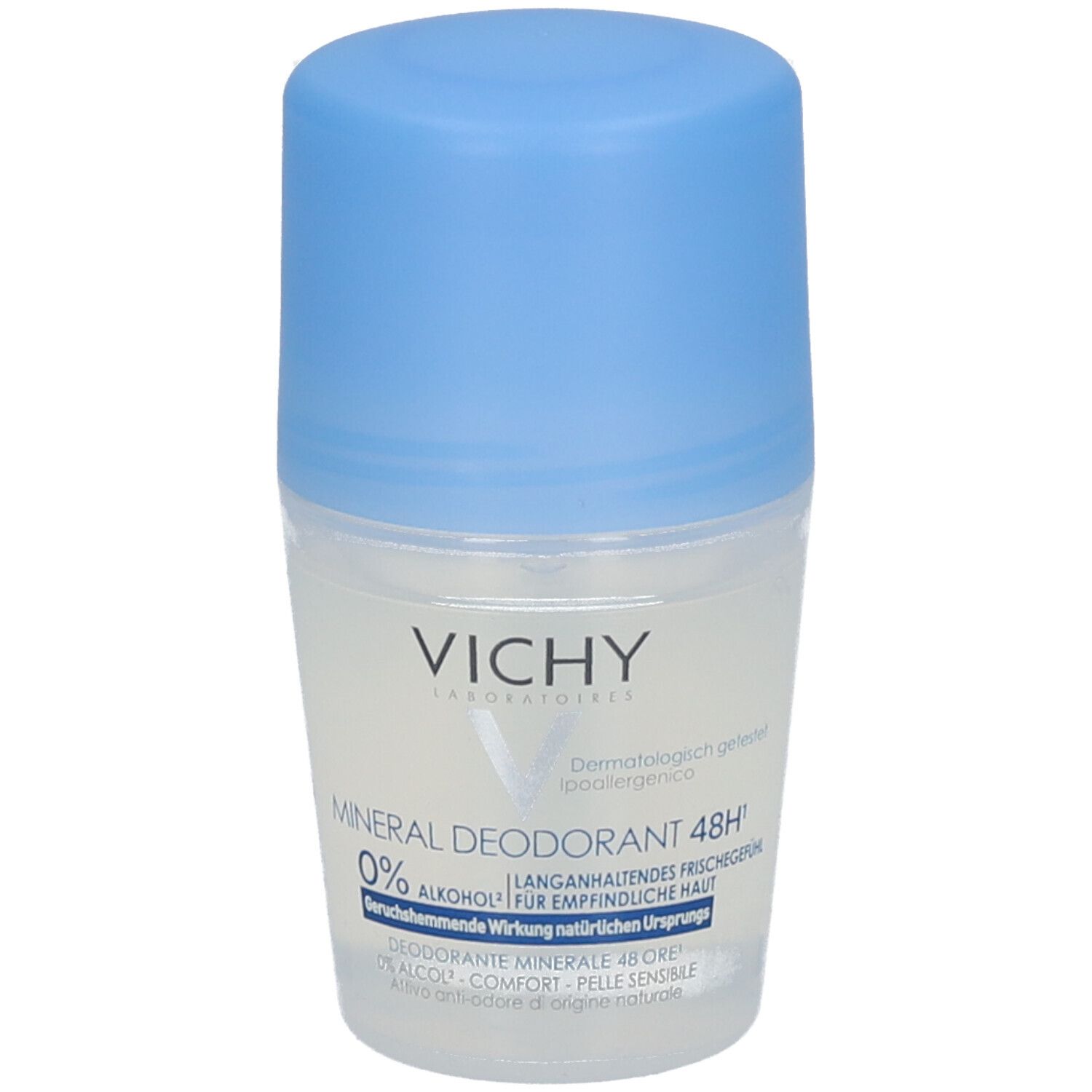 VICHY Mineral Deodorant 48h Roll-On. Weißes Gehäuse, blauer Deckel. Aufschrift: 0% Alkohol, für empfindliche Haut. Dermatologisch getestet.