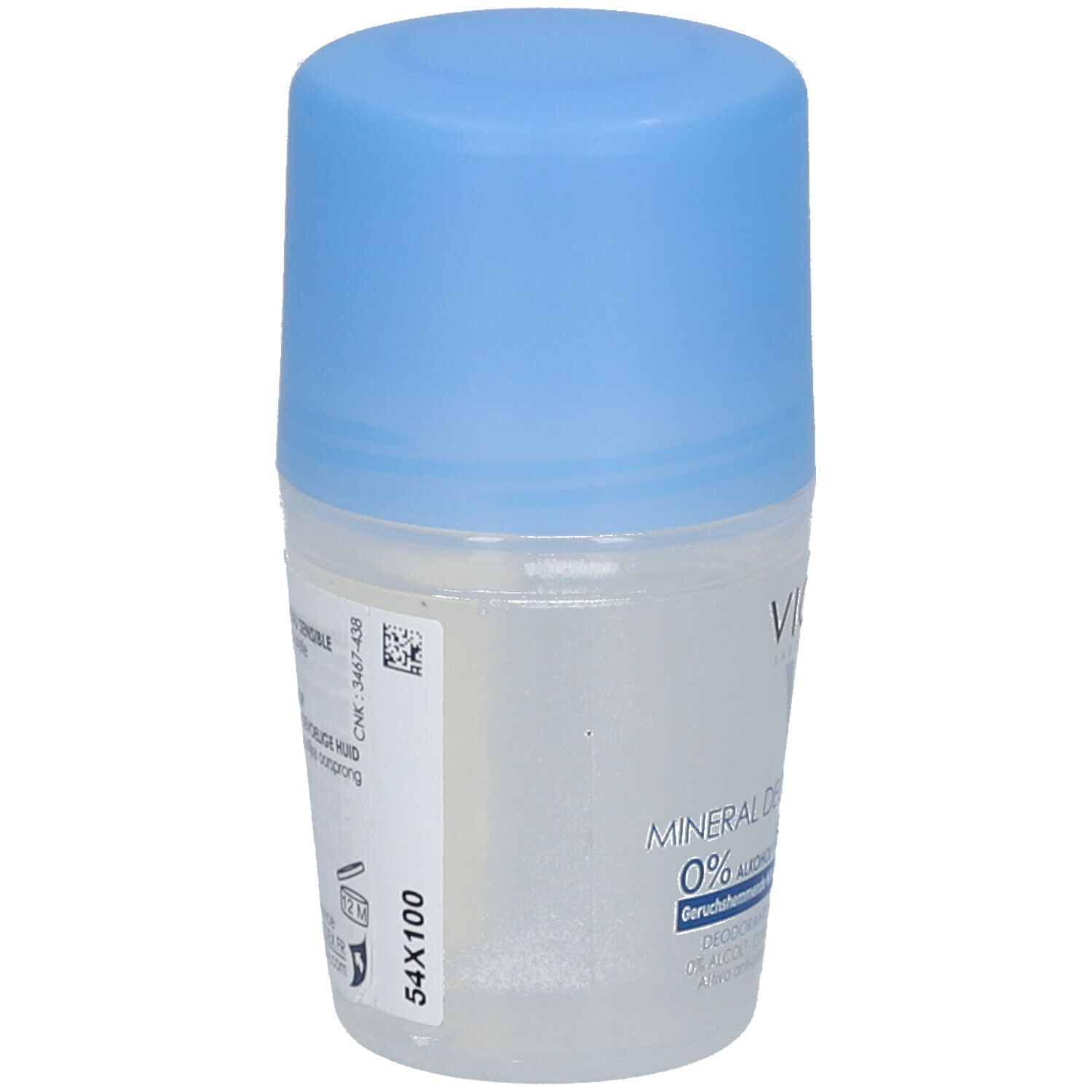 VICHY Mineral Deodorant 48h Roll-On. Weißes Gehäuse, blauer Deckel. Rückseite mit Produktinformationen und Barcode. 54x100.