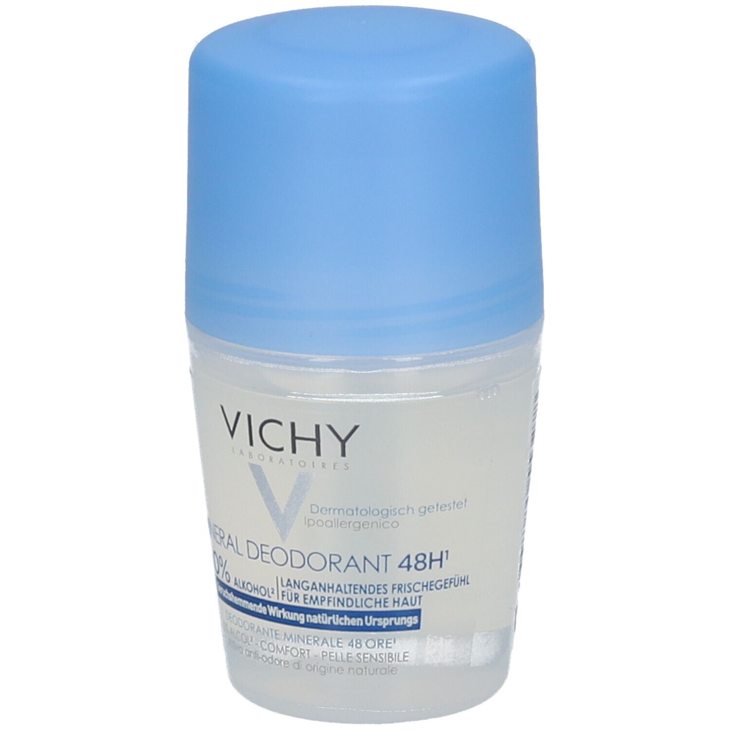 VICHY Mineral Deodorant 48h Roll-On. Weißes Gehäuse, blauer Deckel. Aufschrift: 0% Alkohol, für empfindliche Haut. Dermatologisch getestet.