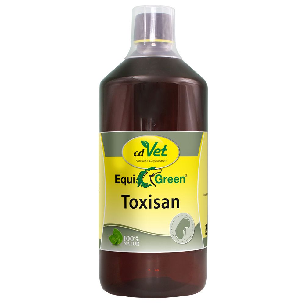 Braune Flasche mit gelbem Etikett. Aufschrift: cd Vet, Equi Green Toxisan. Mit grünem Logo und dem Hinweis 100% Natur.