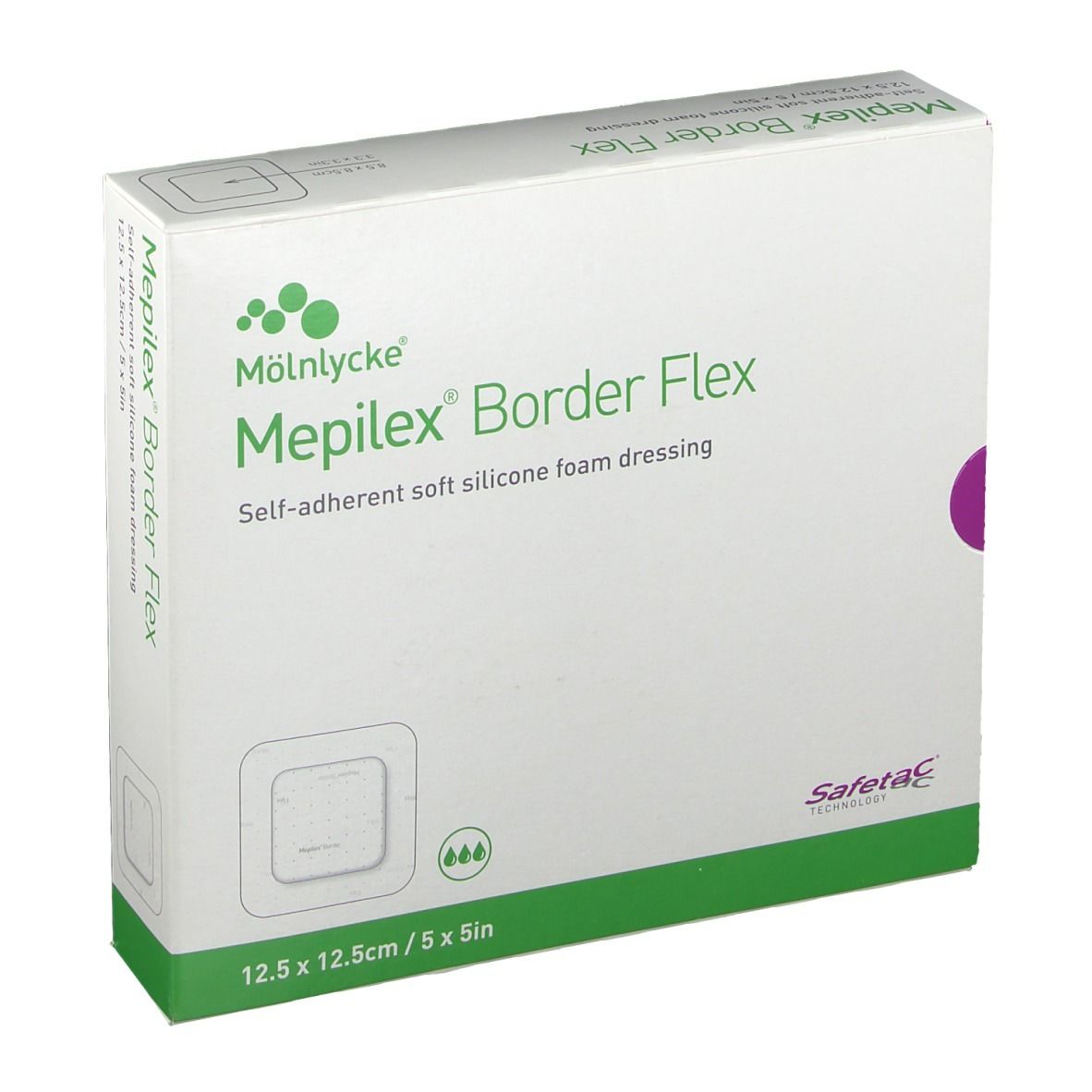 Verpackung Mepilex Border Flex, selbsthaftende weiche Silikon-Schaumstoffwunde, 12,5 x 12,5 cm.