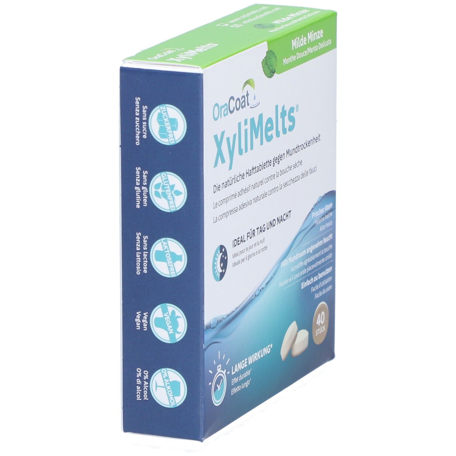 OraCoat XyliMelts® Milde Minze Packung. Seitenansicht. Text: Ohne Zucker, vegan, 0% Alkohol. Enthält 40 Tabletten.