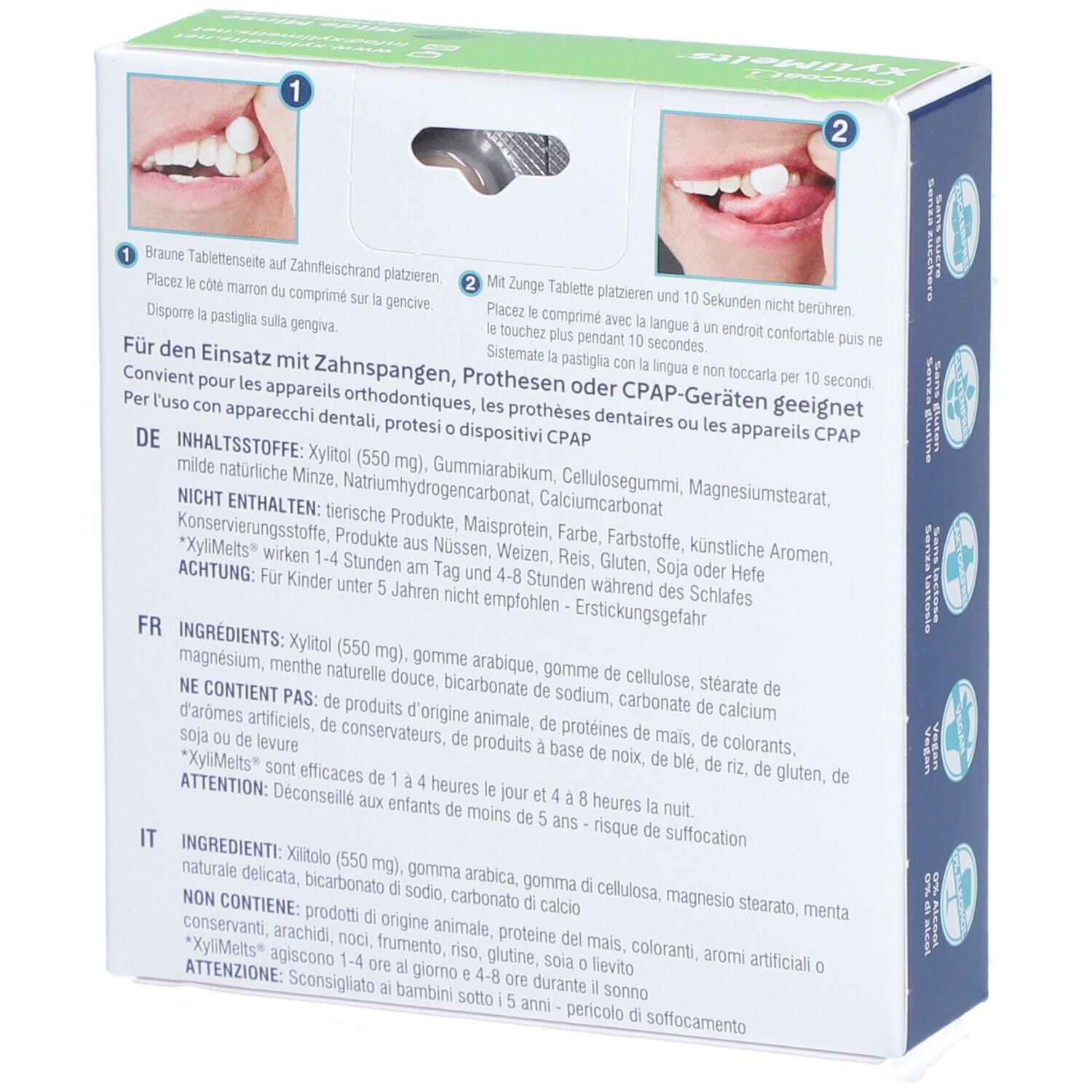 Rückseite der OraCoat XyliMelts® Packung. Anweisungen für die Anwendung. Inhaltsstoffe und Warnhinweise.