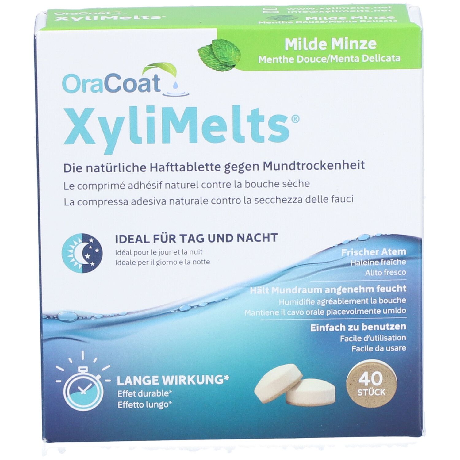 OraCoat XyliMelts® Milde Minze Packung. Enthält 40 Tabletten. Text: Ideal für Tag und Nacht, lange Wirkung.