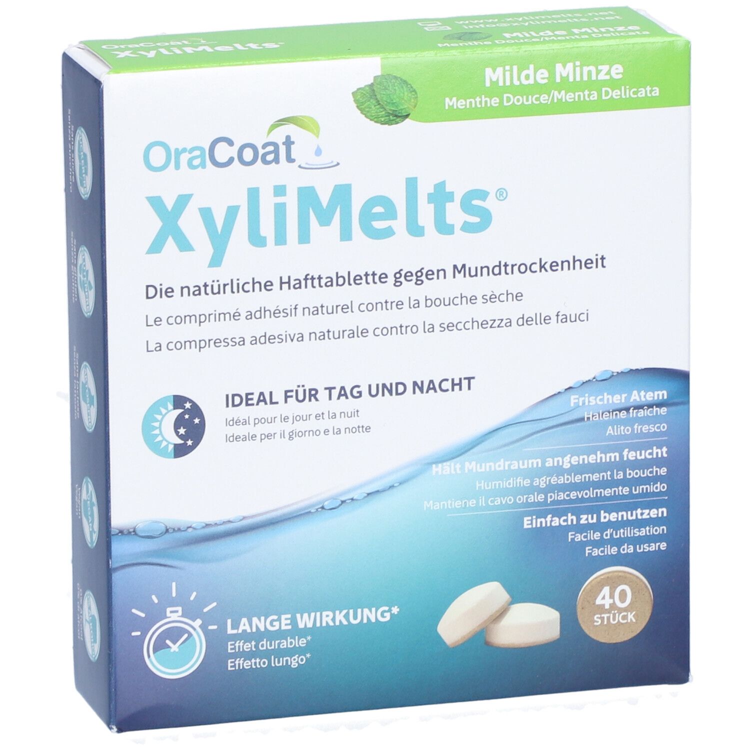 OraCoat XyliMelts® Milde Minze Packung. Enthält 40 Tabletten. Text: Ideal für Tag und Nacht, lange Wirkung.
