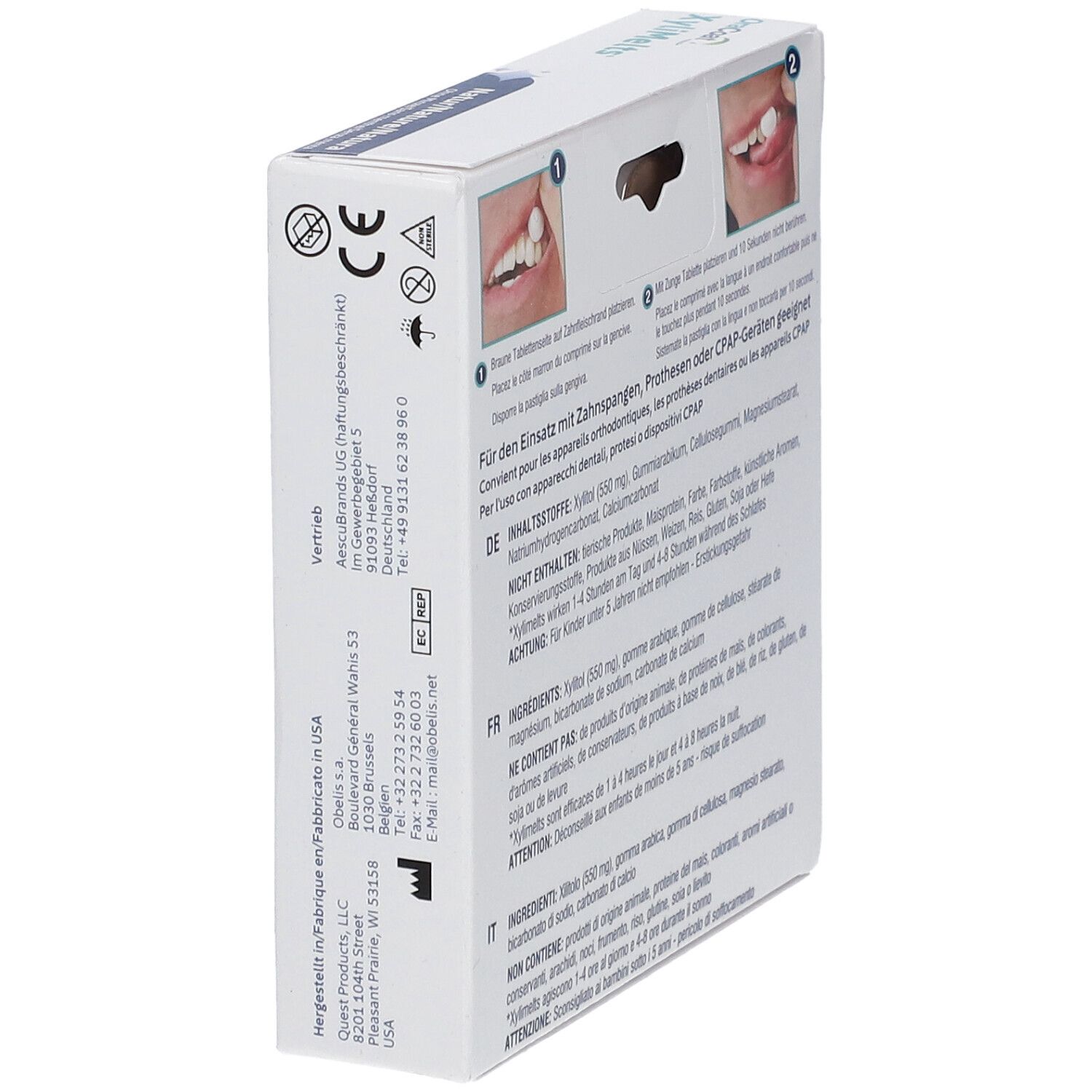 Schachtel von OraCoat XyliMelts, schräg. Text und Logos. Herstellerinformationen.