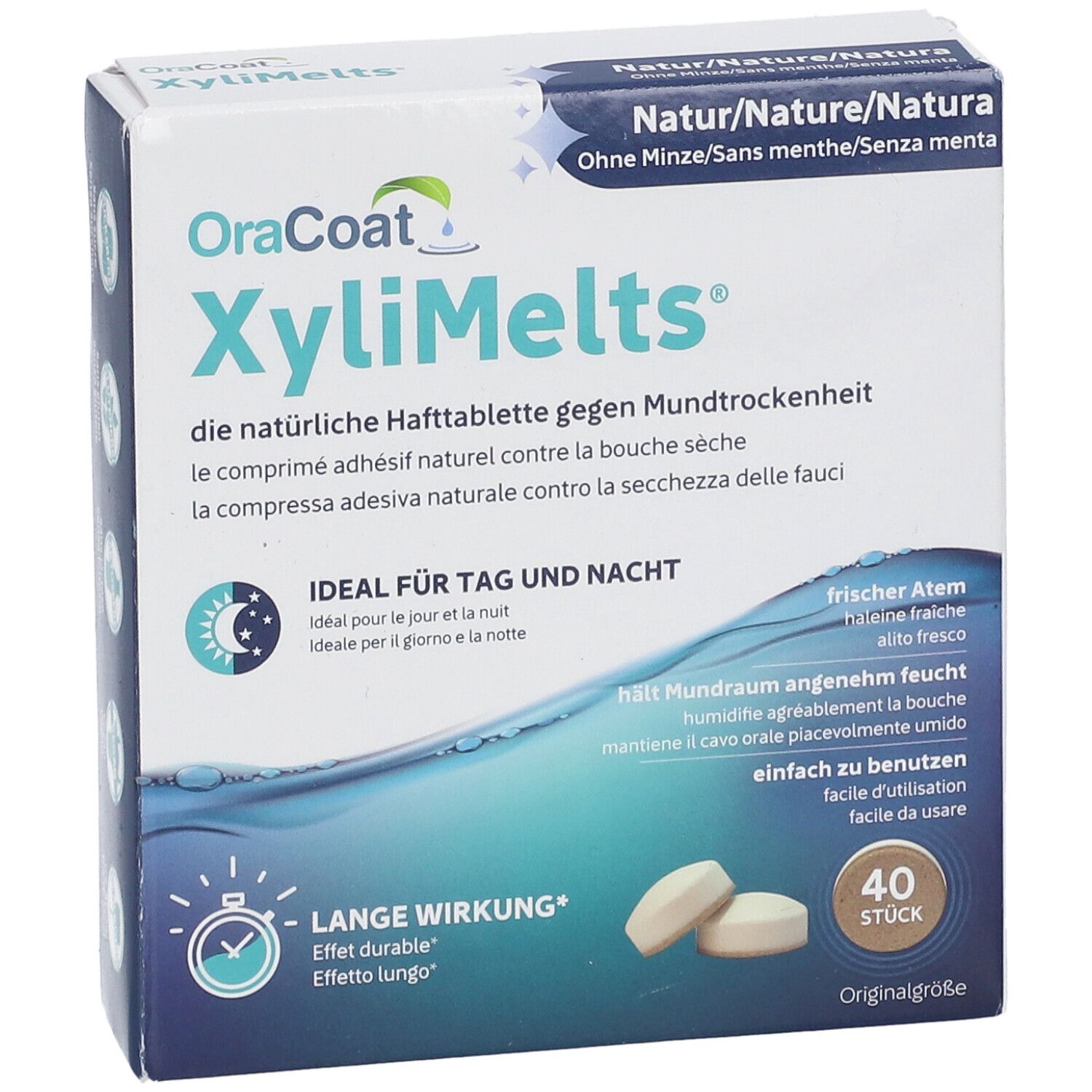 OraCoat XyliMelts-Schachtel. Zwei Tabletten liegen vor der Schachtel. Text: 40 Stück, Originalgröße.