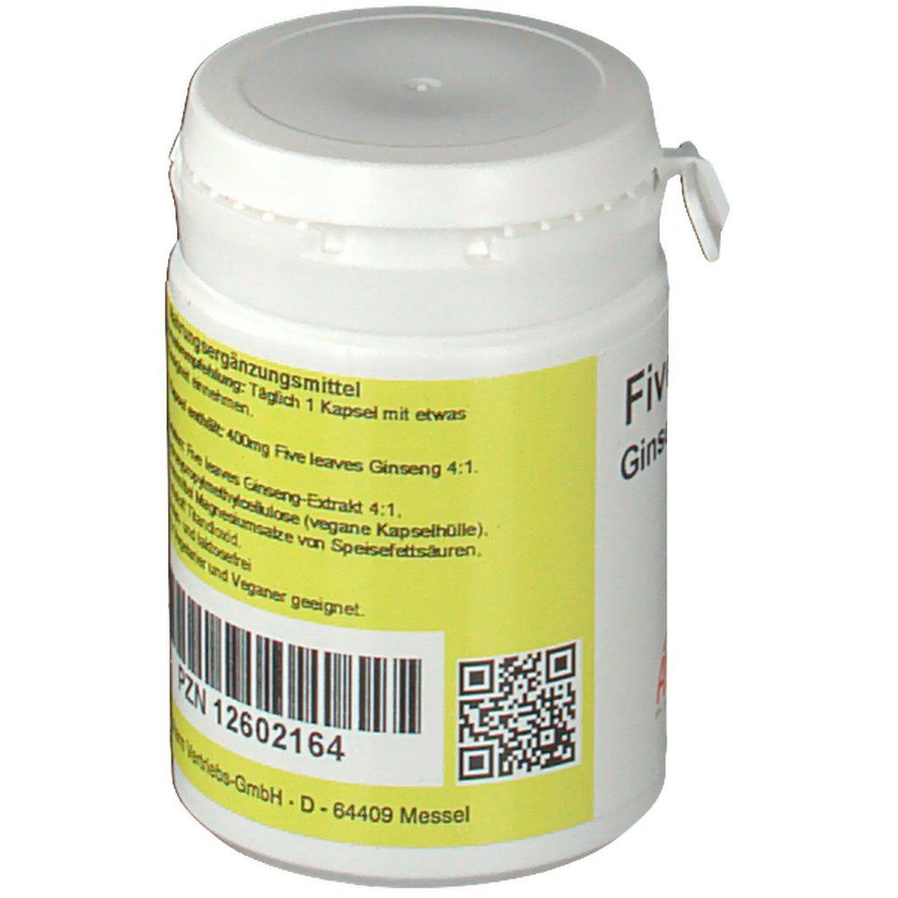 Weiße Dose mit gelbem Etikett. Aufschrift: Five leaves, Ginseng. Barcode, QR-Code, PZN 12602164, Allpharm Vertriebs-GmbH.