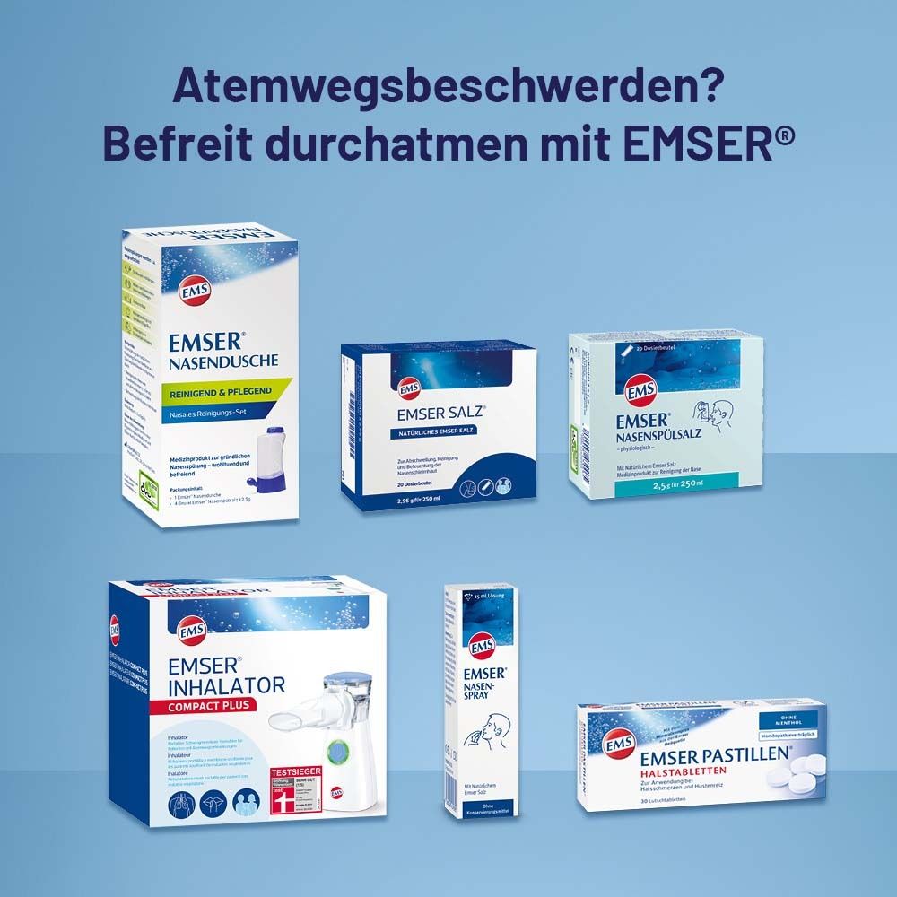 Produktübersicht. Verschiedene Produkte, darunter Nasendusche, Nasenspülsalz, Inhalator, Nasenspray und Halstabletten.