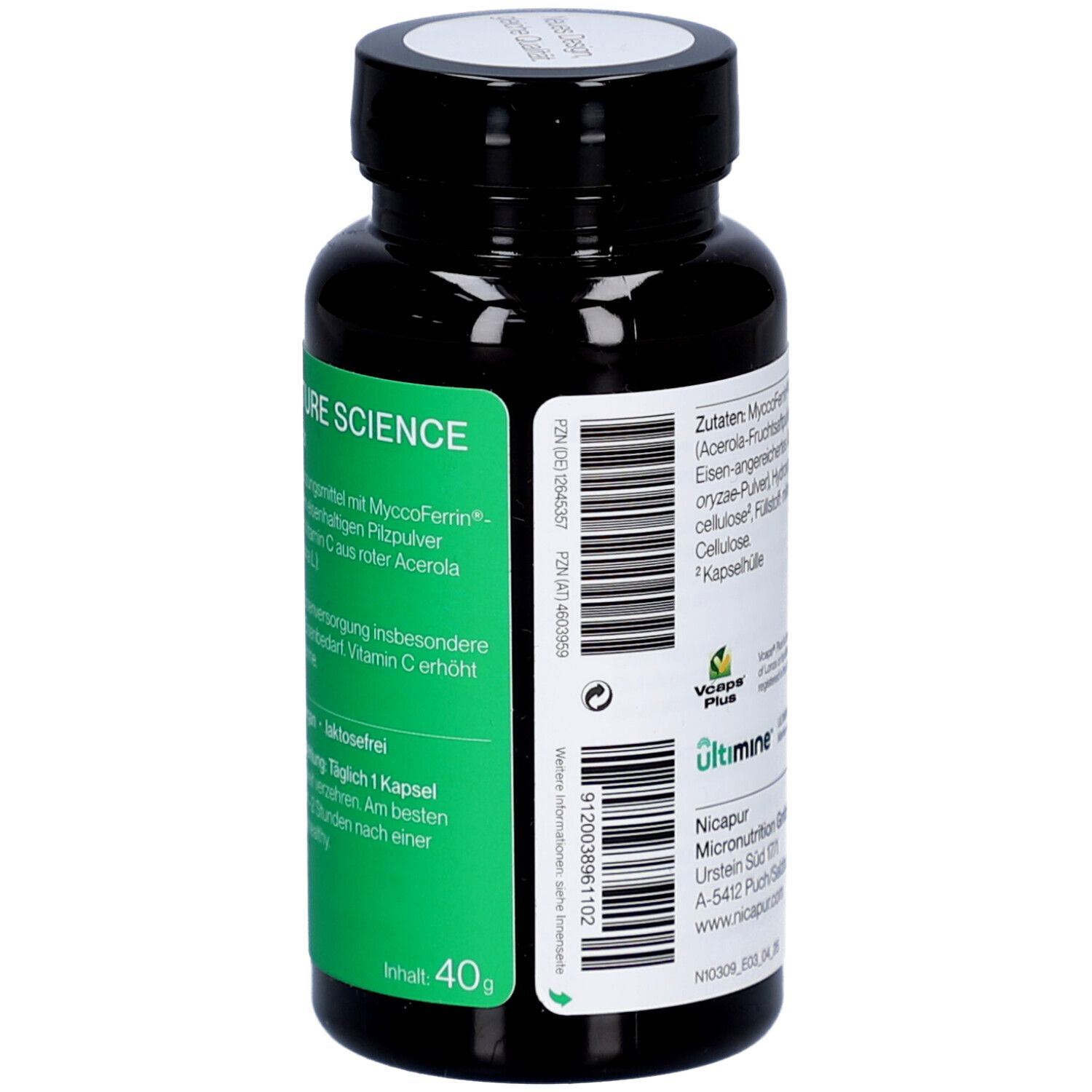 Braune Flasche mit weißem Etikett. Aufschrift: NICApur Ferroverde 21. QR-Code. Silberner Deckel. Rückseite.