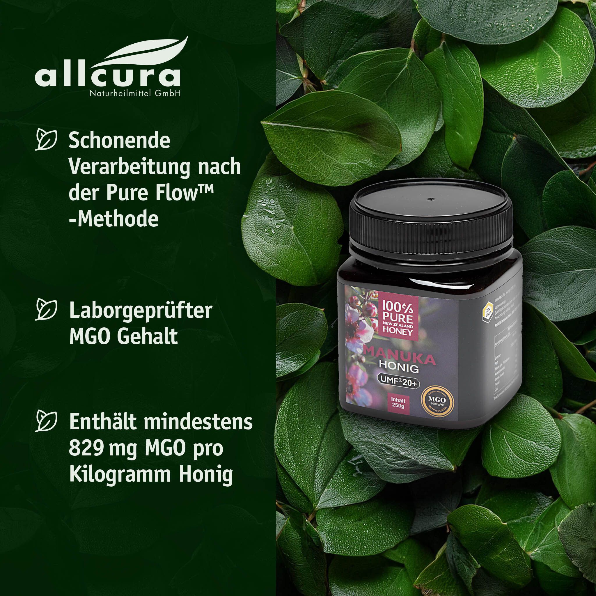Honigglas vor grünem Hintergrund. Etikett mit Text: "Manuka Honig UMF 20+". Text: "allcura".