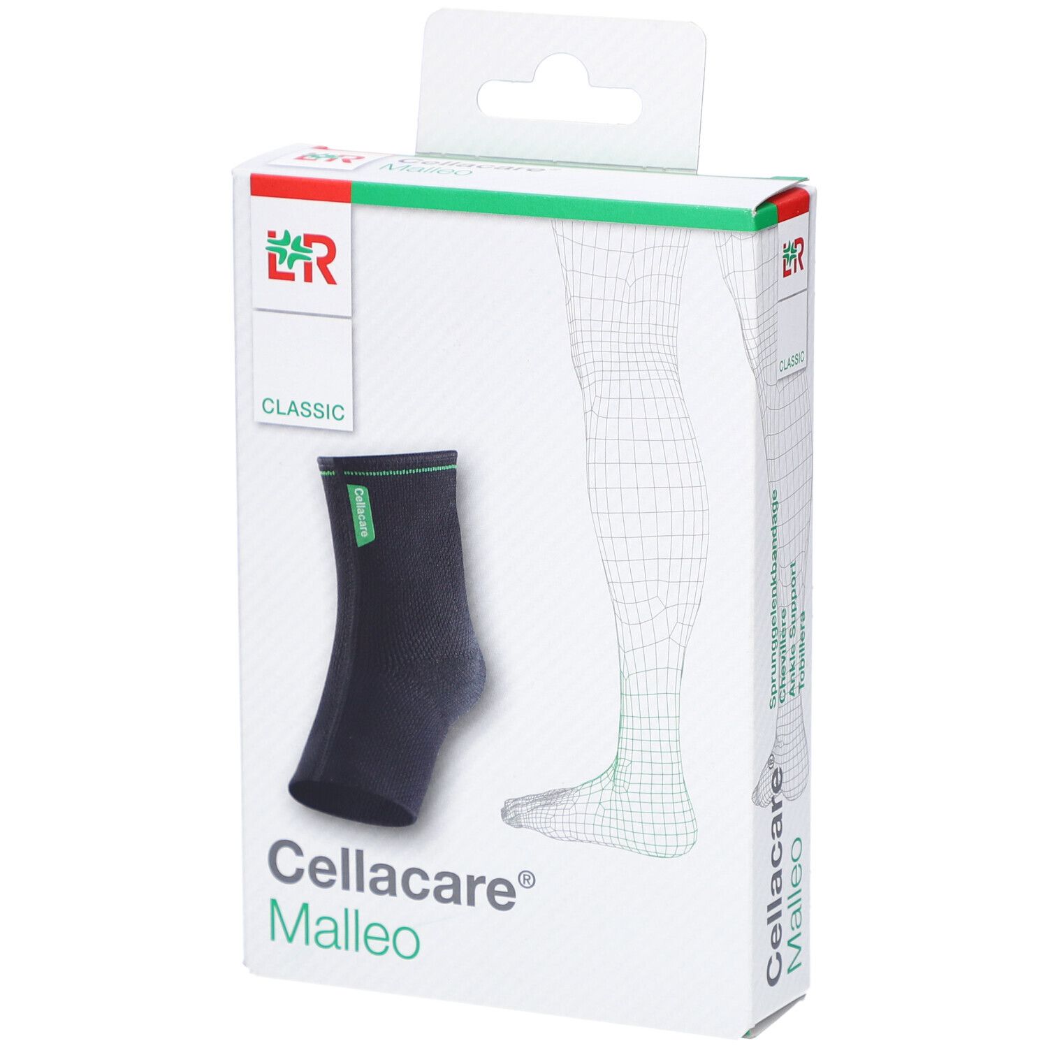 Schwarze Cellacare Malleo Classic Sprunggelenkbandage in Verpackung. Grün umrandet, mit Logo. Aufdruck: Cellacare Malleo.