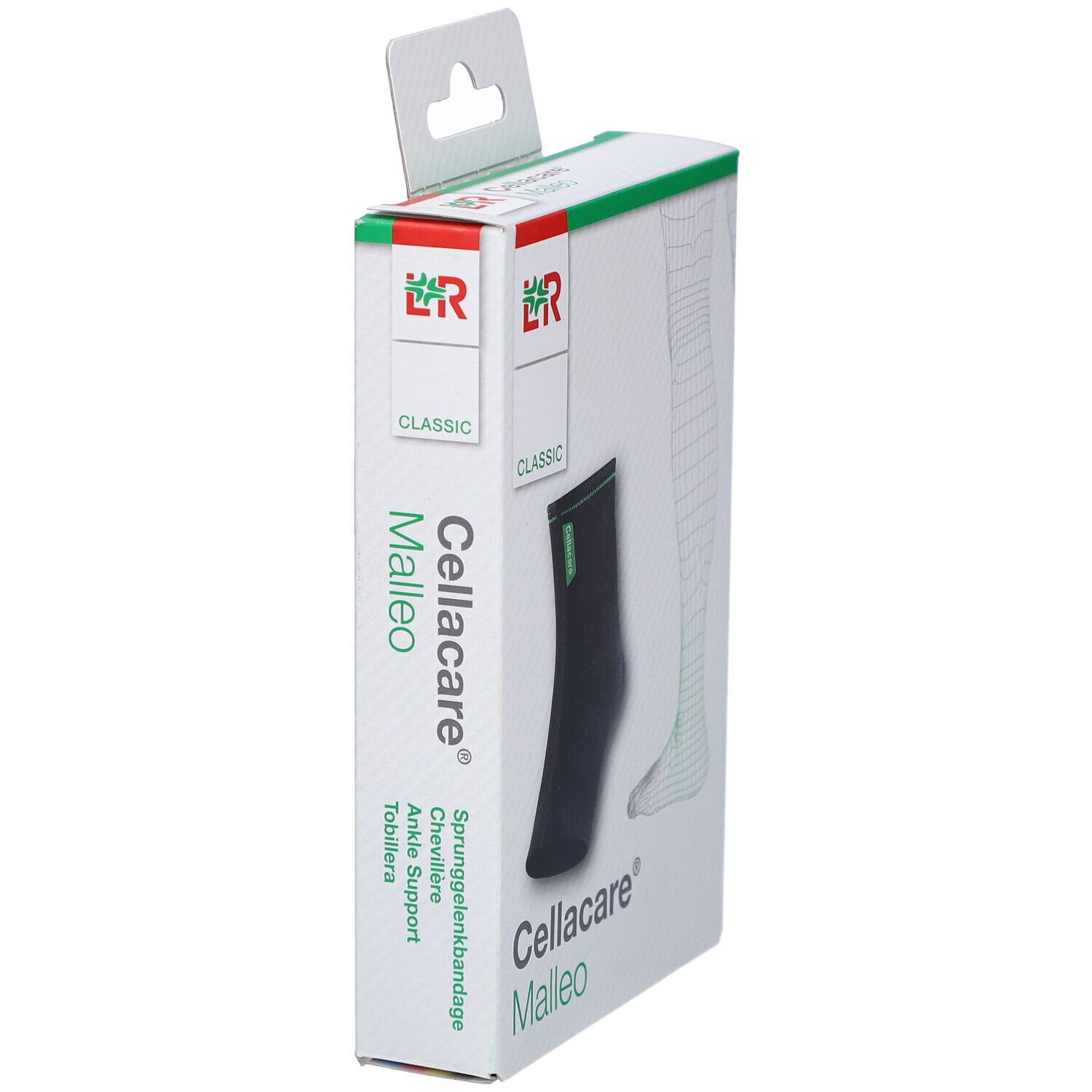 Cellacare Malleo Classic Sprunggelenkbandage in Verpackung. Seitenansicht mit Produkt und Bein-Illustration.
