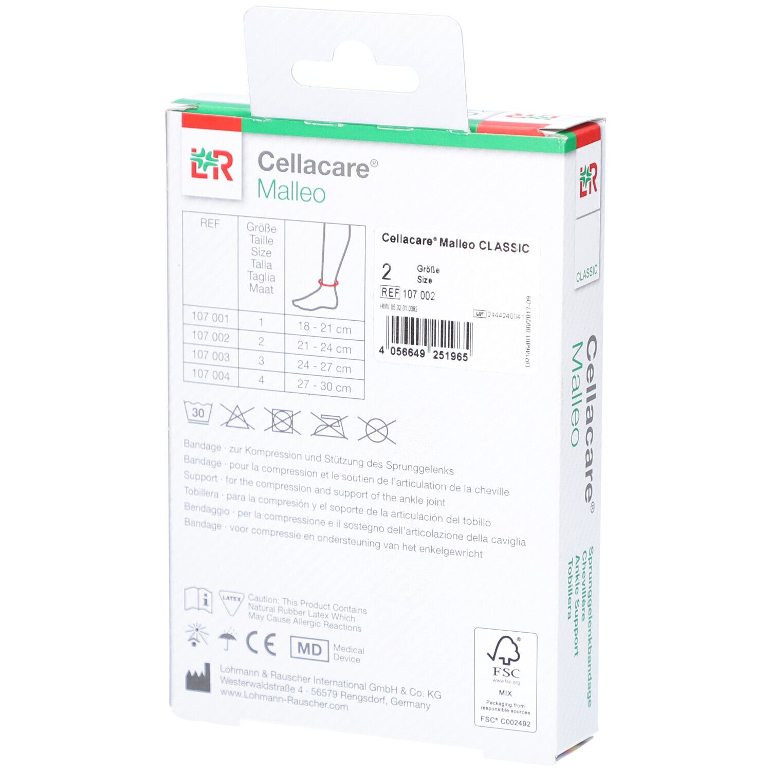 Rückseite der Verpackung. Größenangaben, Waschsymbole, Herstellerinformationen. Aufdruck: Cellacare Malleo Classic.