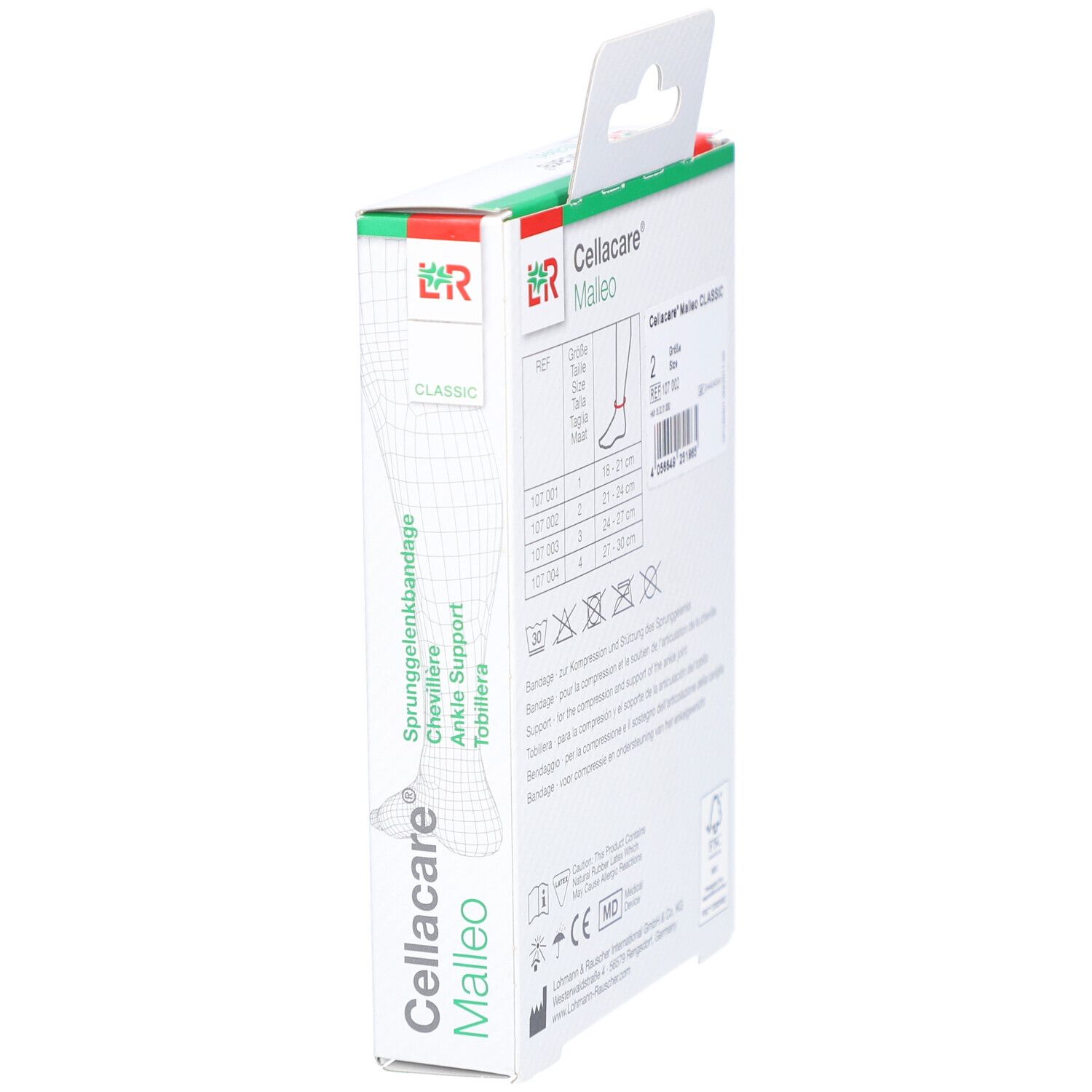 Seitenansicht der Verpackung. Größenangaben, Waschsymbole, Herstellerinformationen. Aufdruck: Cellacare Malleo Classic.