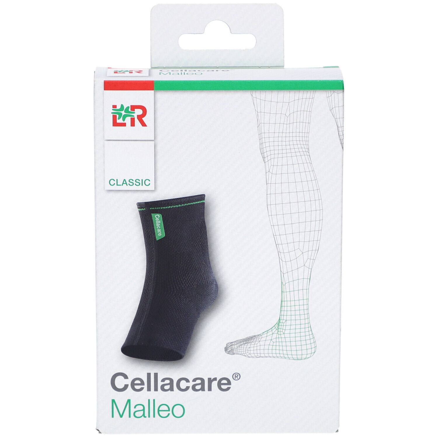 Schwarze Cellacare Malleo Classic Sprunggelenkbandage in Verpackung. Grün umrandet, mit Logo. Aufdruck: Cellacare Malleo.