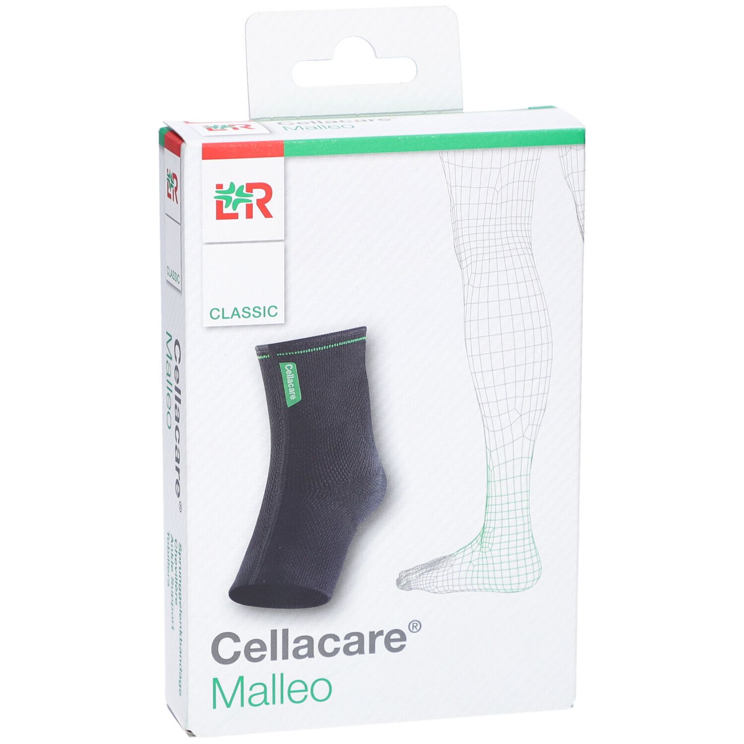 Schwarze Cellacare Malleo Classic Sprunggelenkbandage in Verpackung. Grün umrandet, mit Logo. Aufdruck: Cellacare Malleo.