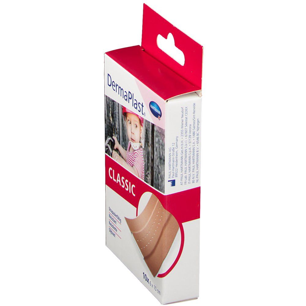 Verpackung von DermaPlast® classic. Rote und weiße Schachtel mit Produktabbildung und Logo. 10 Pflaster, 6 x 10 cm.