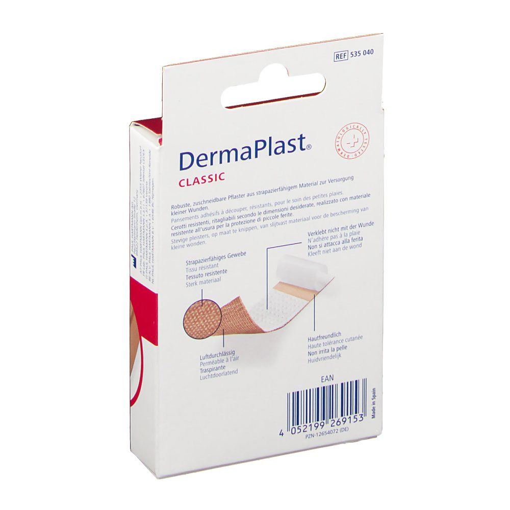 Rückseite der DermaPlast® classic Verpackung. Produktabbildung, Text in mehreren Sprachen, Barcode und Größenangabe.