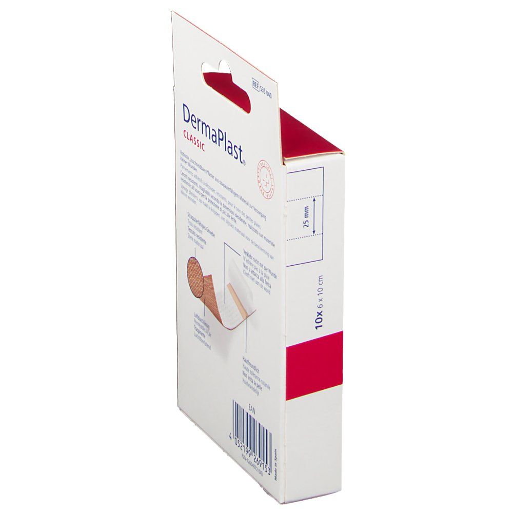 Seitenansicht der DermaPlast® classic Verpackung. Produktabbildung, Text, Größenangabe 10 x 6 x 10 cm und Barcode.
