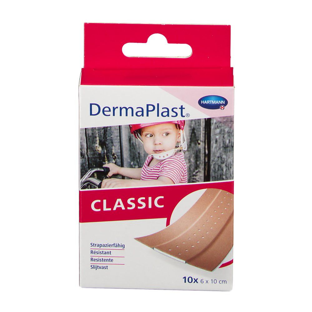 Vorderseite der DermaPlast® classic Verpackung. Logo, Produktabbildung, Text und Größenangabe 10 x 6 x 10 cm.