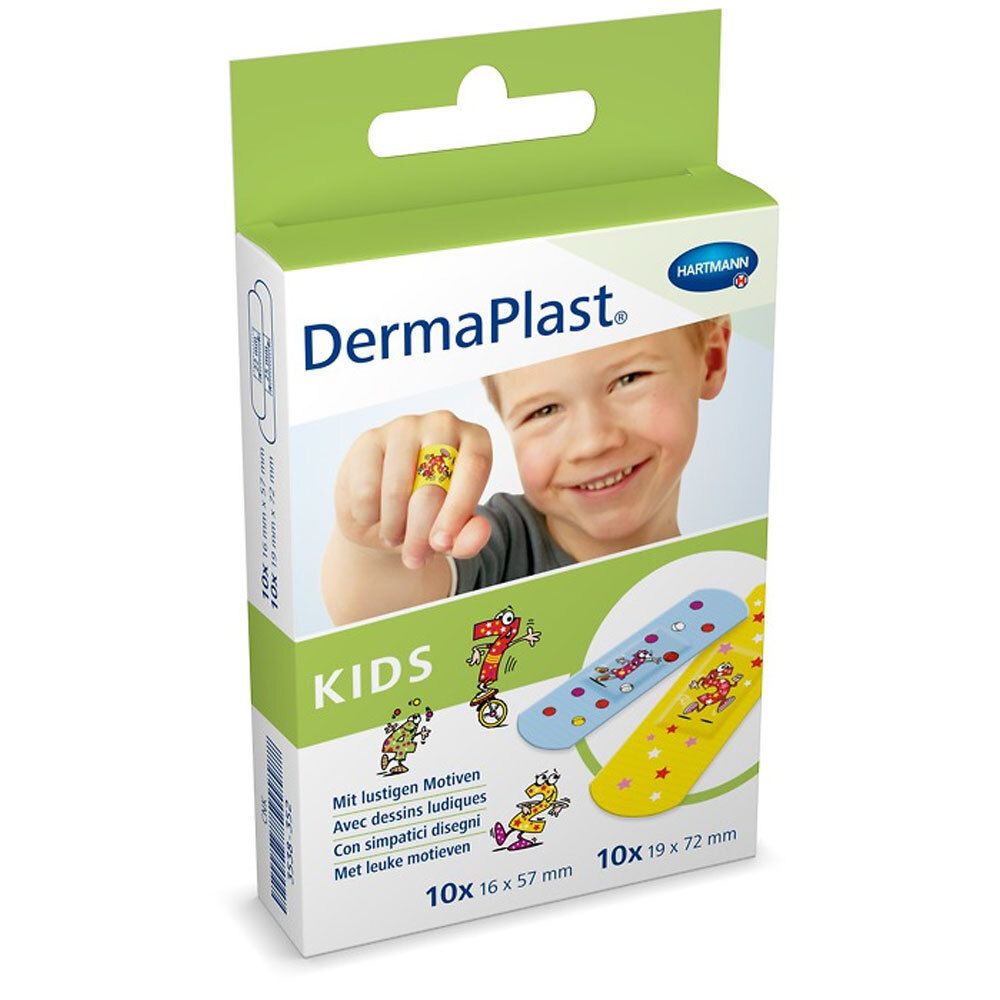 Verpackung mit DermaPlast® Kids Pflasterstrips. Enthält 10 Stück 16x57 mm und 10 Stück 19x72 mm. Mit lustigen Motiven.