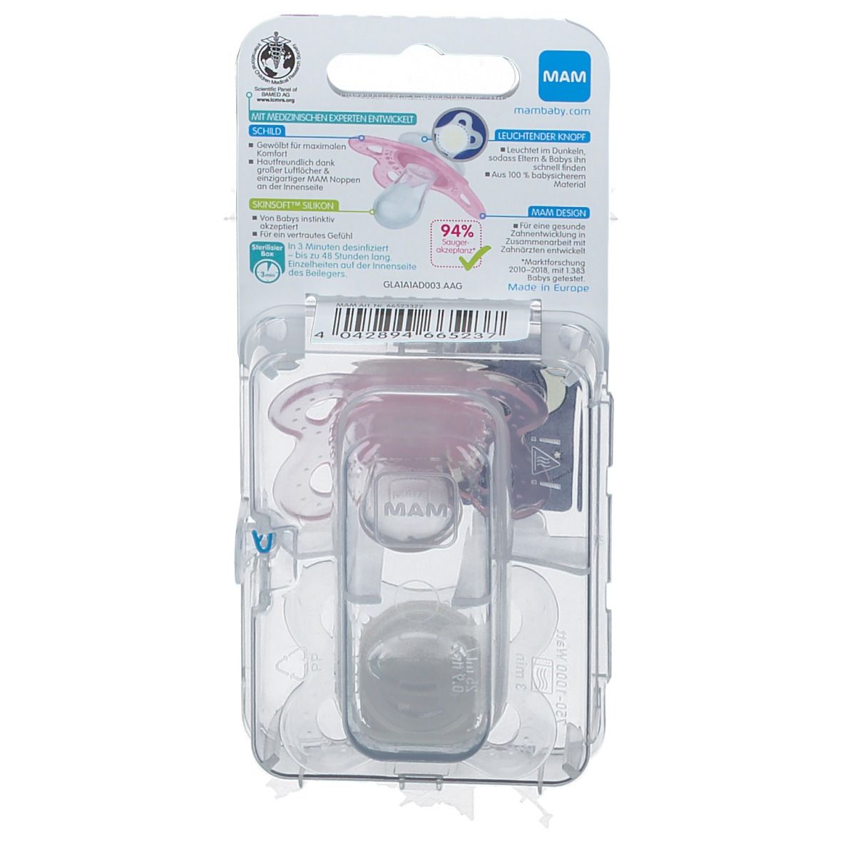 MAM Night Schnuller für Mädchen, 0-6 Monate, in Kunststoffverpackung. Rosa Sauger, transparente Halterung.
