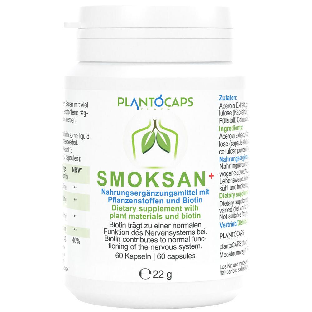 Flasche mit 60 Kapseln SMOKSAN+, Nahrungsergänzungsmittel mit Pflanzenstoffen und Biotin.