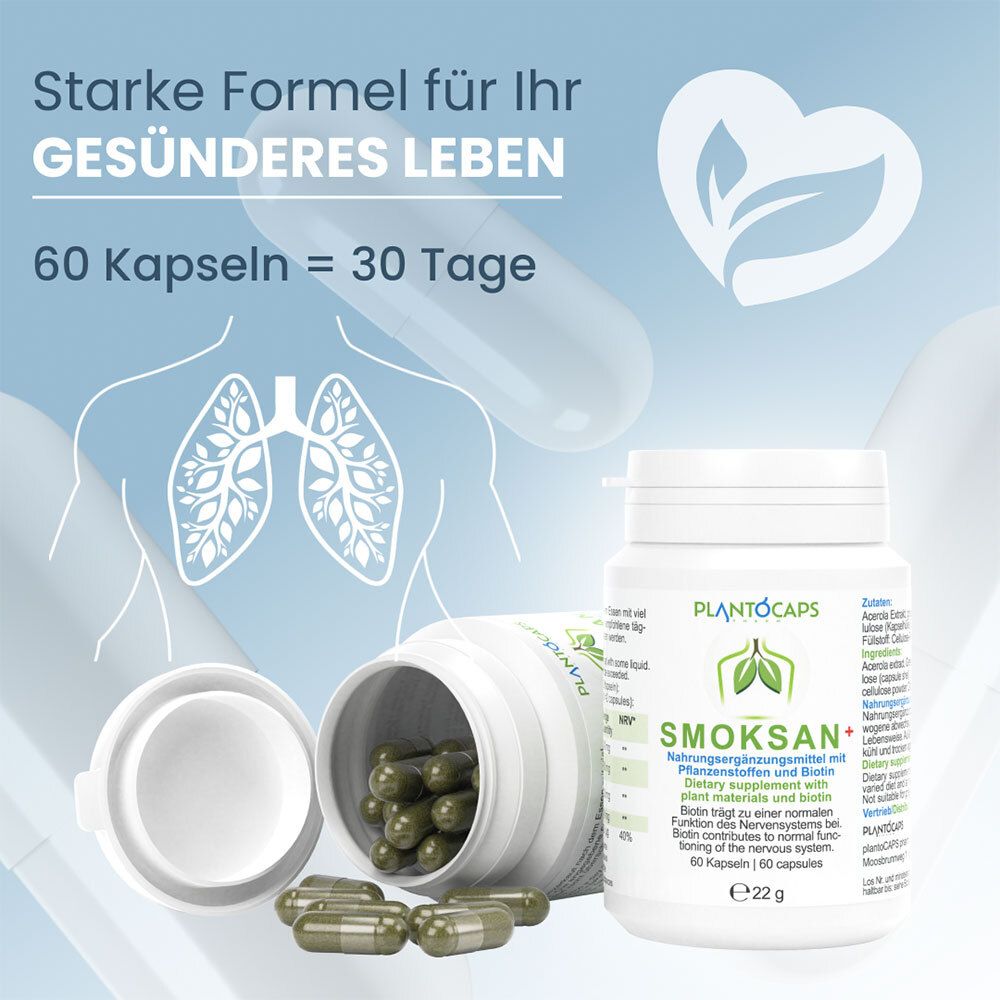 Flasche mit 60 Kapseln SMOKSAN+, Nahrungsergänzungsmittel mit Pflanzenstoffen und Biotin.