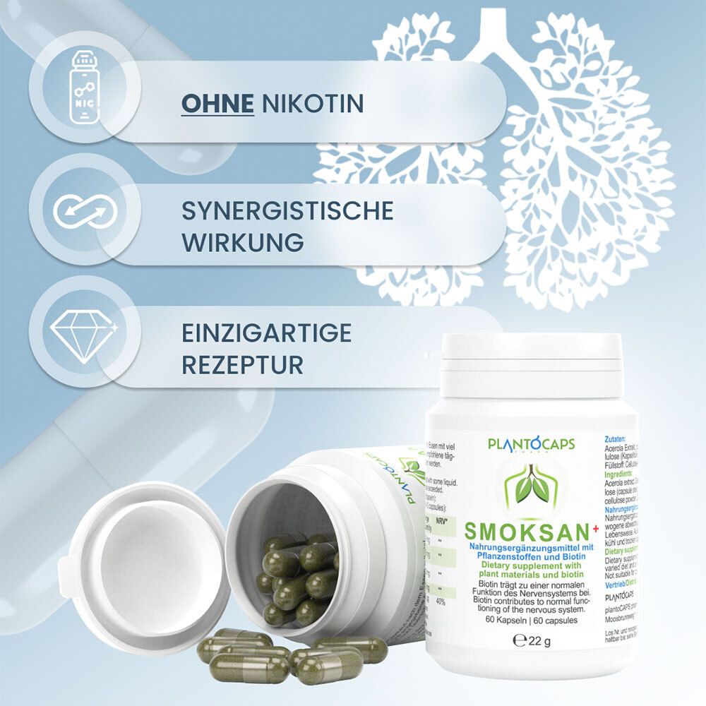 Flasche mit 60 Kapseln SMOKSAN+, Nahrungsergänzungsmittel mit Pflanzenstoffen und Biotin.