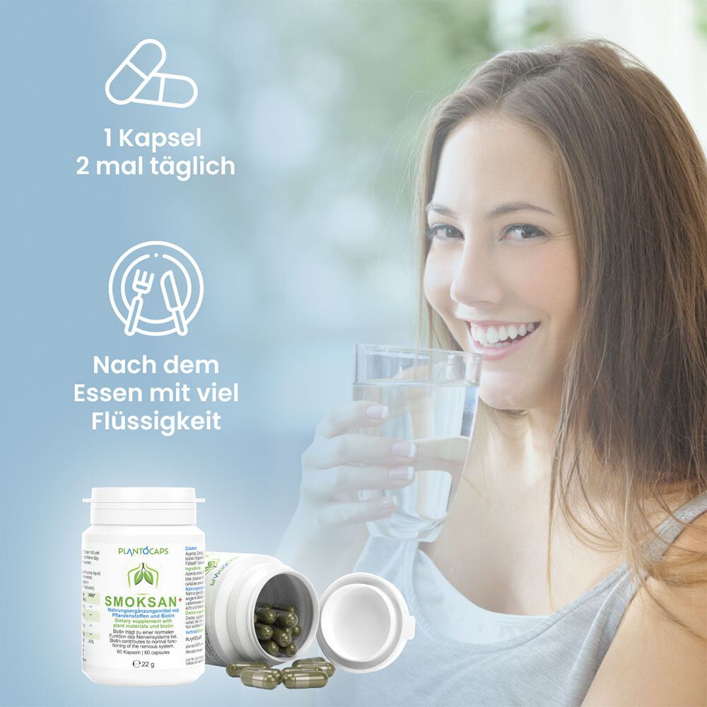 Flasche mit 60 Kapseln SMOKSAN+, Nahrungsergänzungsmittel mit Pflanzenstoffen und Biotin.