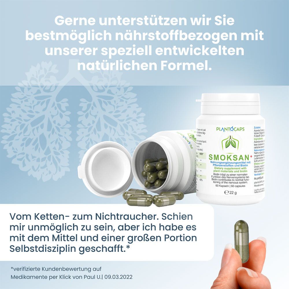 Flasche mit 60 Kapseln SMOKSAN+, Nahrungsergänzungsmittel mit Pflanzenstoffen und Biotin.