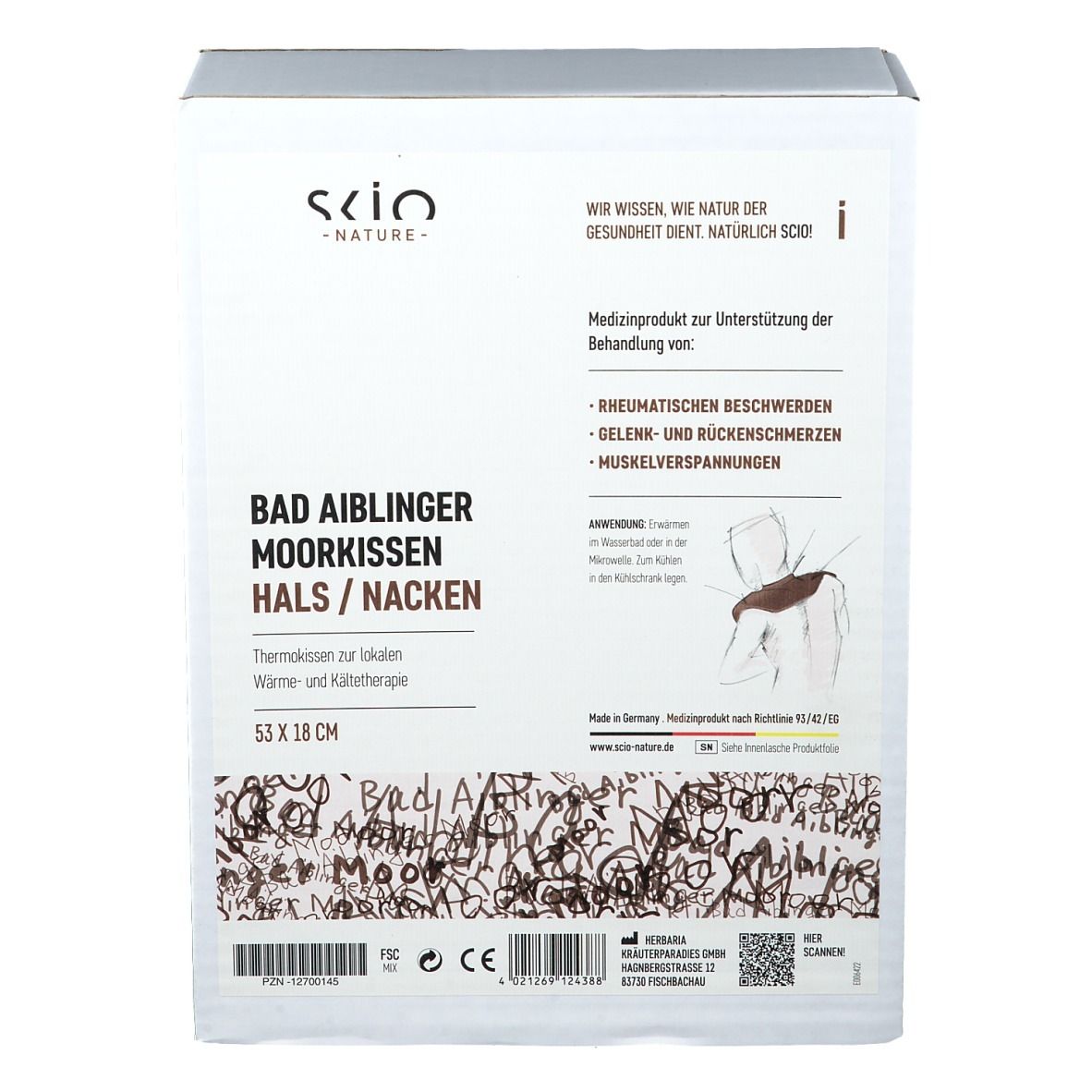 Produktverpackung mit Text: Bad Aiblinger Moorkissen Hals/Nacken, 53 x 18 cm. Marke: scio nature. Medizinprodukt.