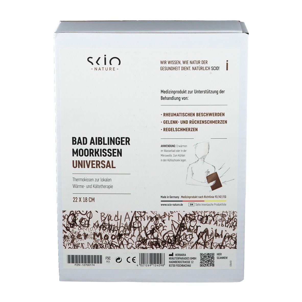 Verpackung des Bad Aiblinger Moorkissen Universal. Aufschrift: 22 x 18 cm. Medizinprodukt für rheumatische Beschwerden.