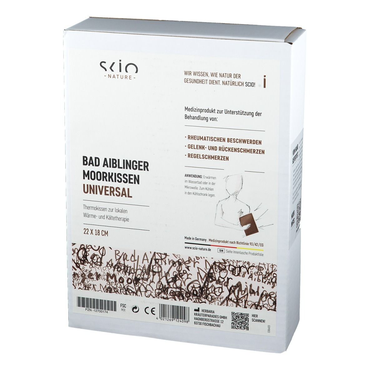 Verpackung des Bad Aiblinger Moorkissen Universal. Aufschrift: 22 x 18 cm. Medizinprodukt für rheumatische Beschwerden.