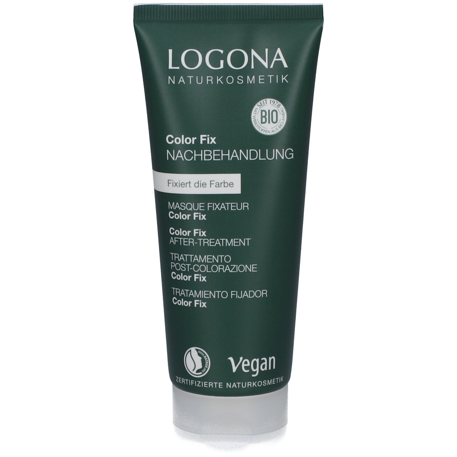 Grüne Tube mit weißem Deckel. Aufschrift: LOGONA Naturkosmetik, Color Fix Nachbehandlung. Vegan-Siegel.