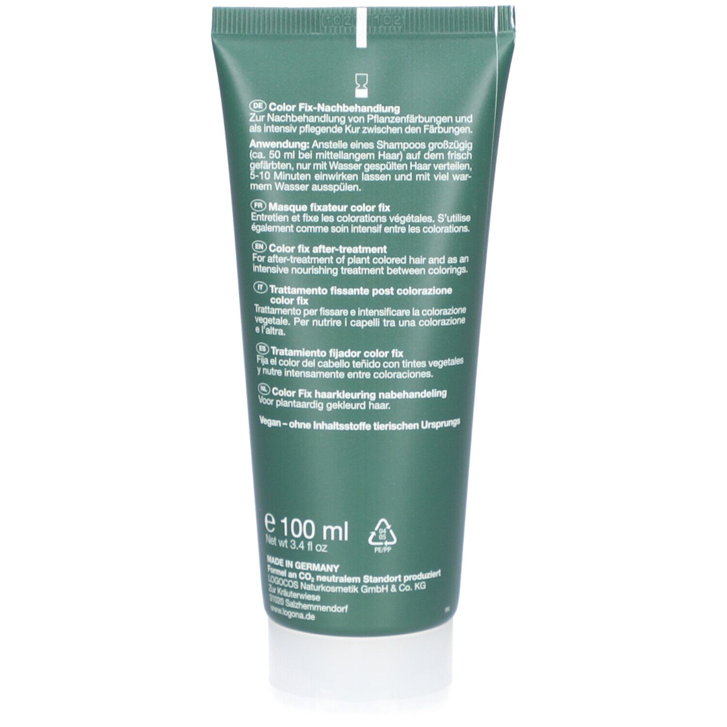 Rückseite der grünen Tube. Text in mehreren Sprachen. Vegan-Siegel. Volumenangabe: 100 ml.