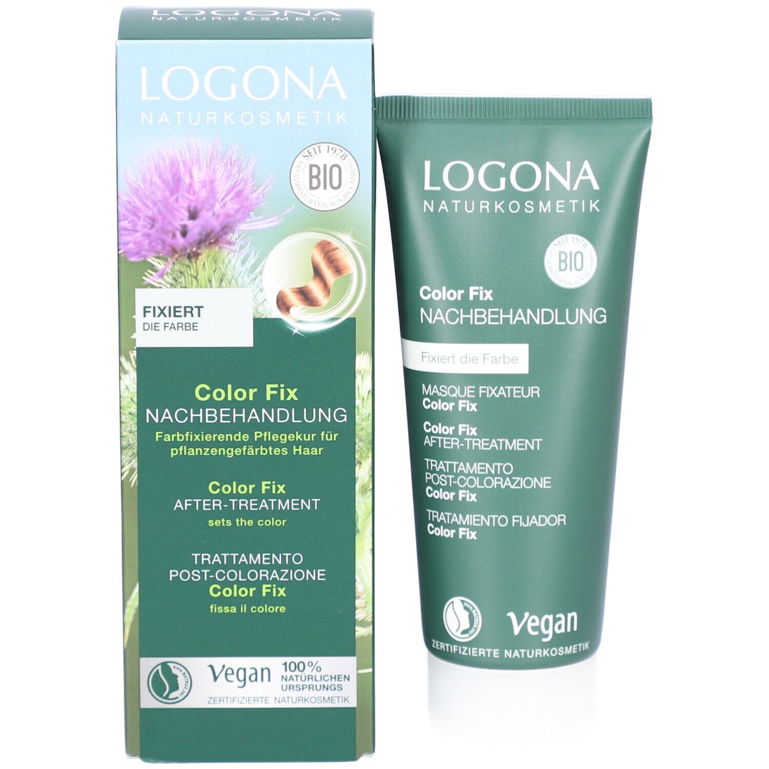Produktverpackung und Tube. Verpackung mit Blume und Produktnamen. Tube: Color Fix Nachbehandlung.