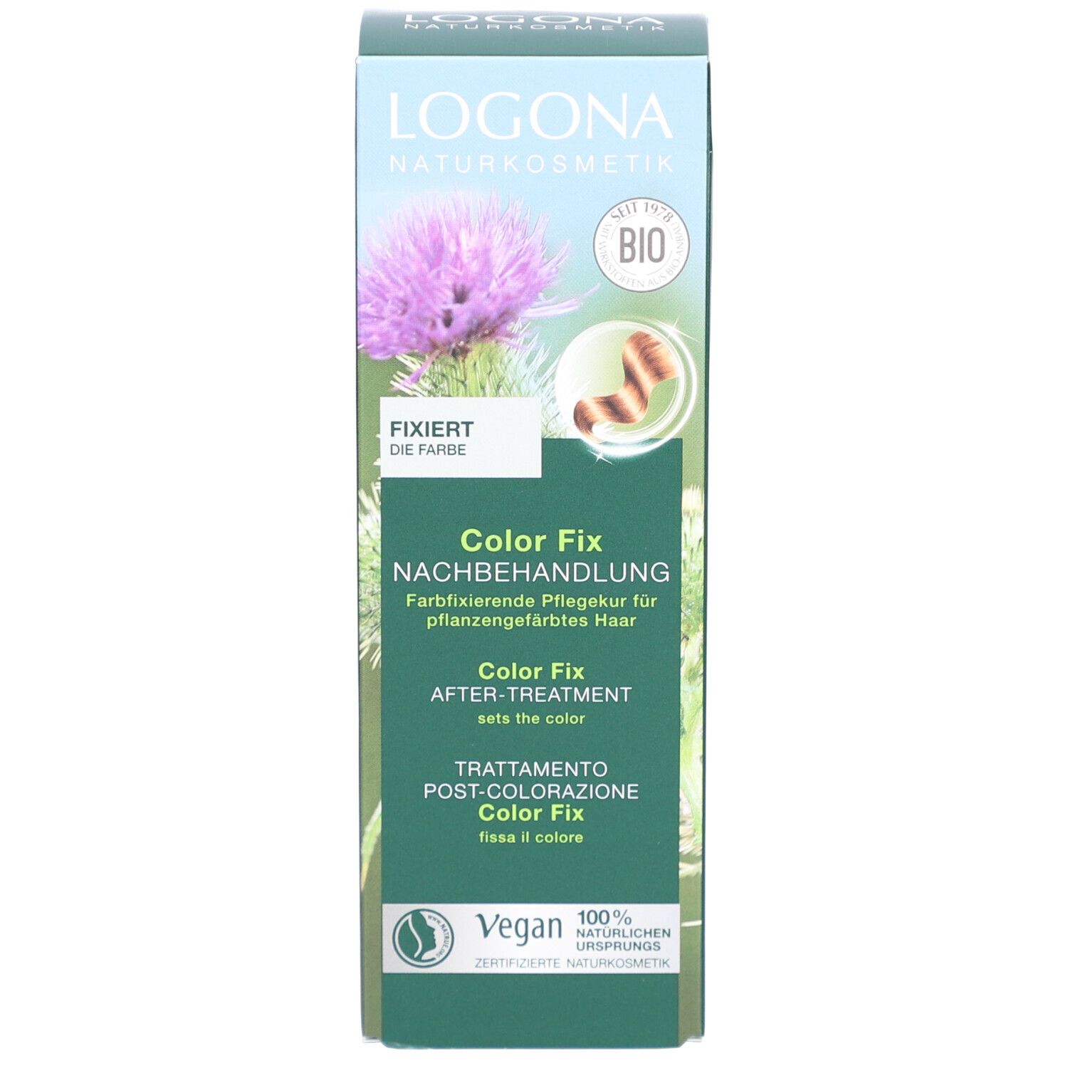 Produktverpackung. Aufschrift: LOGONA Naturkosmetik, Color Fix Nachbehandlung. Vegan-Siegel. Blume.